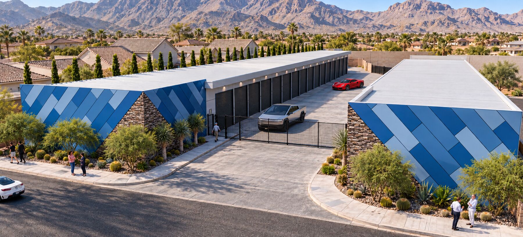 Aerial rendering of StorLuxury Twain, showing the two garage buildings with blue diamond-panel facades against the mountains