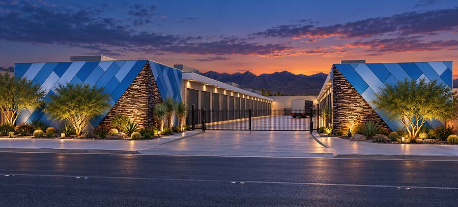 Rendering of the StorLuxury Twain entry gate at dusk