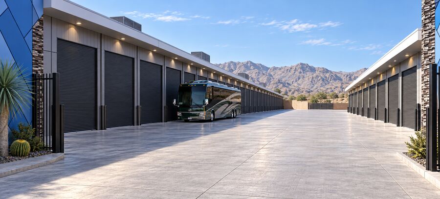 Rendering of a motorcoach in the drive aisle at StorLuxury Twain